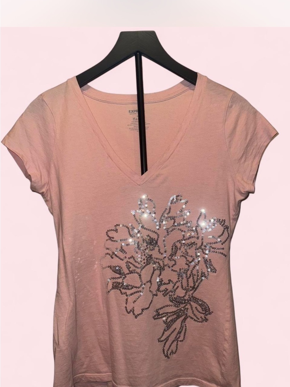 Express Pink V-Neck Sequin Floral Tee